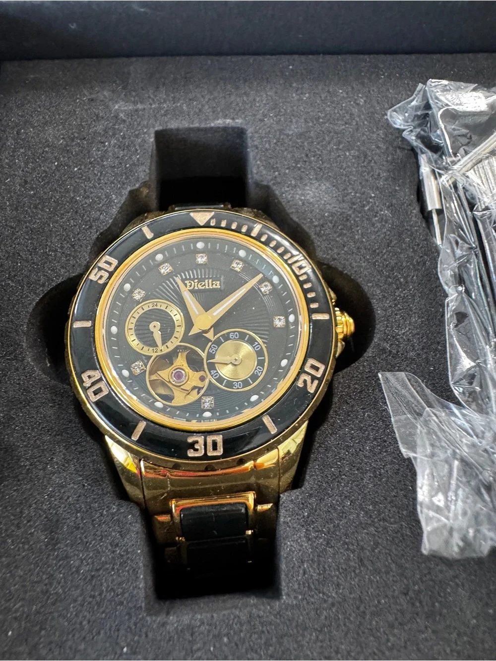 Diella Automatic Wristwatch Women’s Luxury Skeleton Gold Jade Waterproof AD6025L